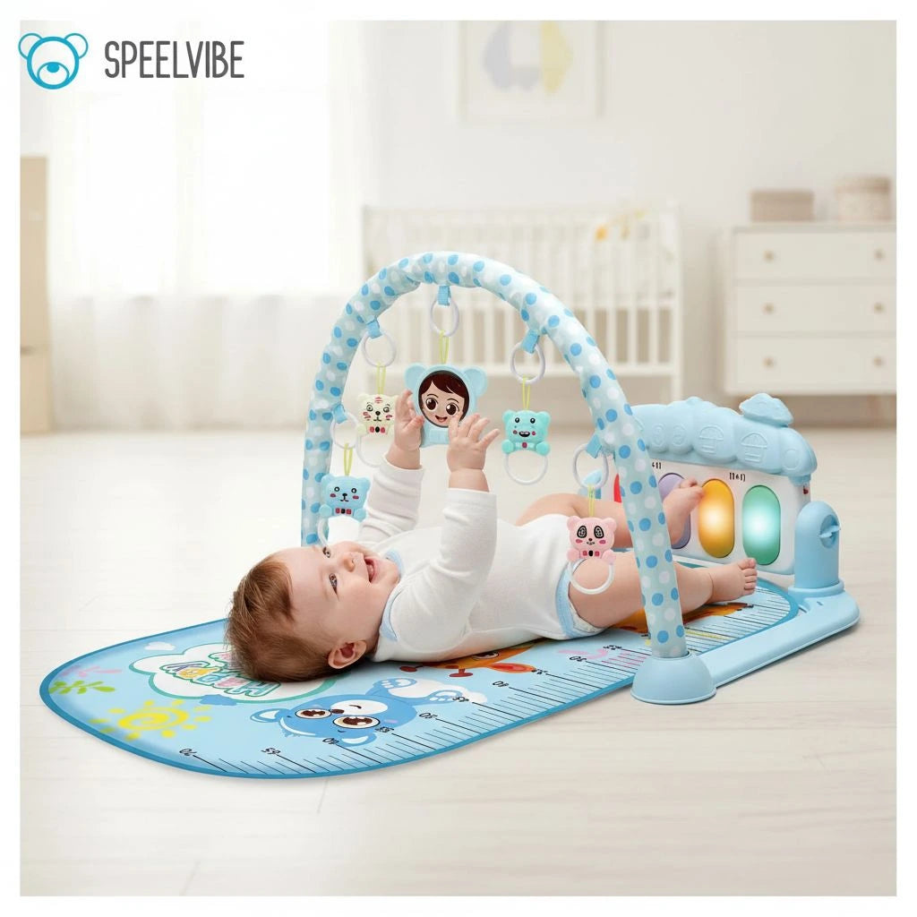 SpeelVibe baby speelmat met piano en speelboog – blauwe baby gym voor motorische ontwikkeling