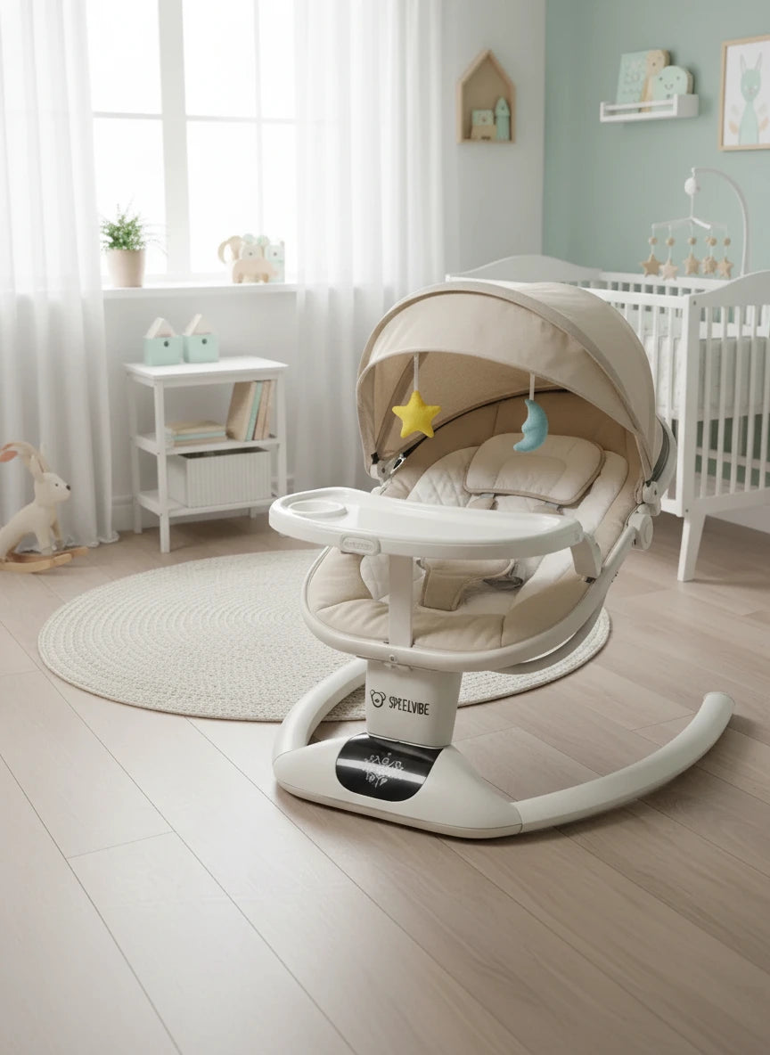 Elektrische Speelvibe wipstoel in kaki – draaibare baby ligstoel met Bluetooth en muziek