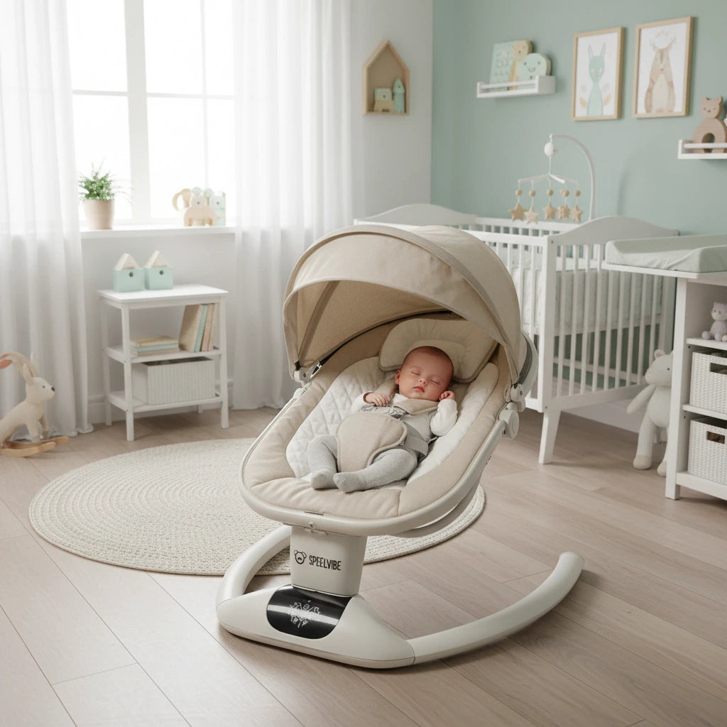 Elektrische Speelvibe wipstoel in kaki – draaibare baby ligstoel met Bluetooth en muziek