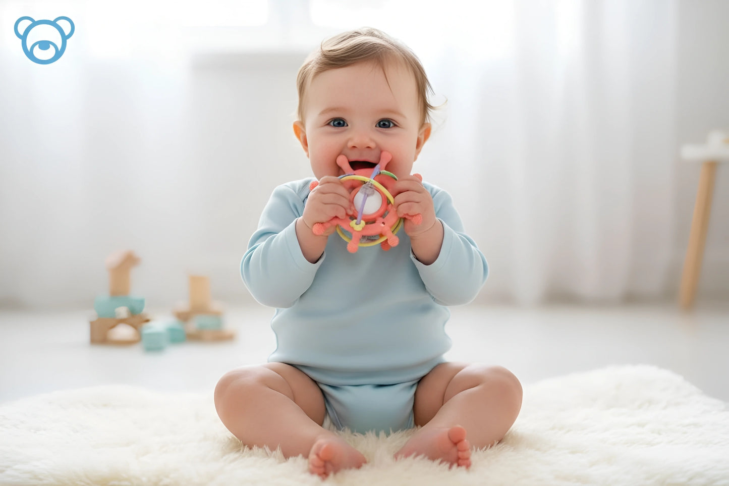 Blije baby met Speelvibe bijtring baby, BPA-vrij speelgoed voor het verlichten van tandjes.
