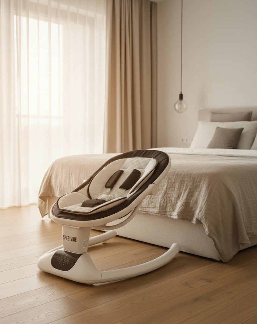 Elektrische Speelvibe wipstoel in zwart– draaibare baby ligstoel met Bluetooth en muziek